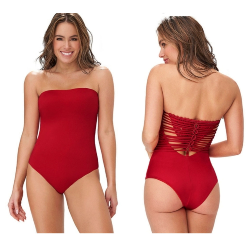 Leonisa Large Red Strappy One Piece Swim Beach Logo Women Swimsuit Travel Tropic
